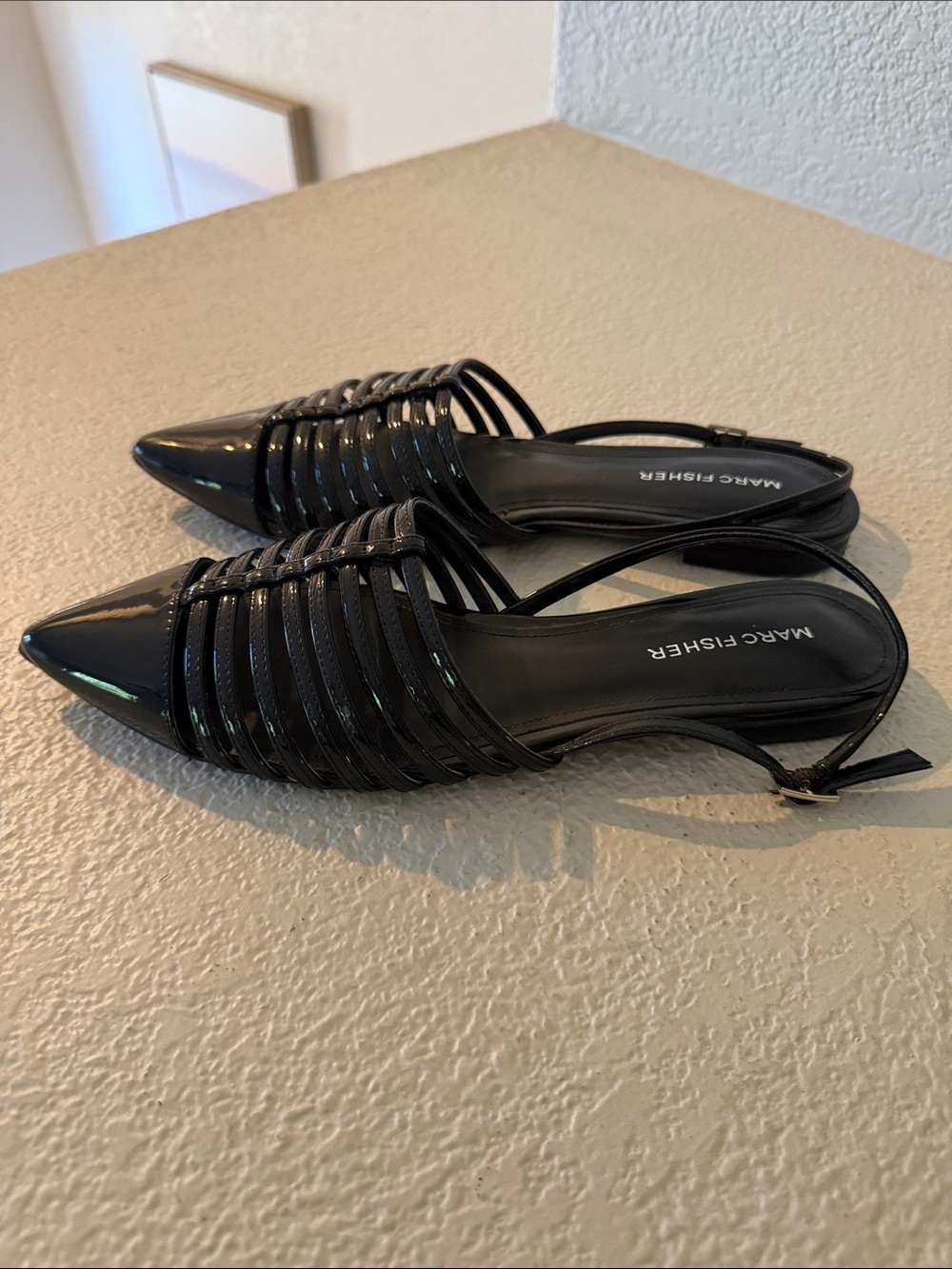 Marc Fisher Black Patent Pointed Slingback Mules